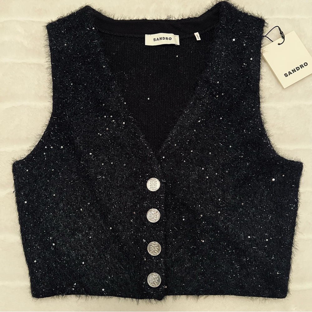 NWT Sandro Michou Sequined Tweed Cropped Sweater Vest - Picture 4 of 11